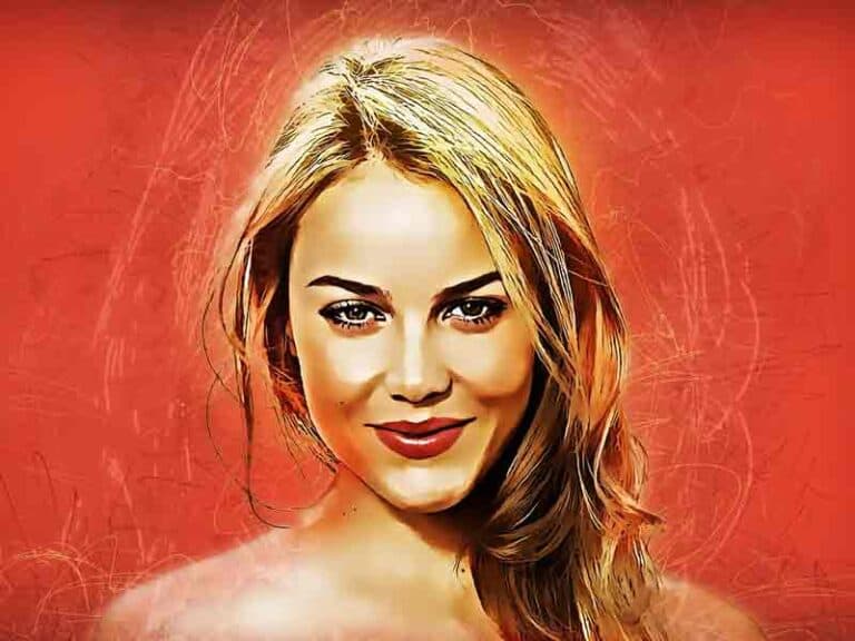 Beautiful woman red lipstick golden hair